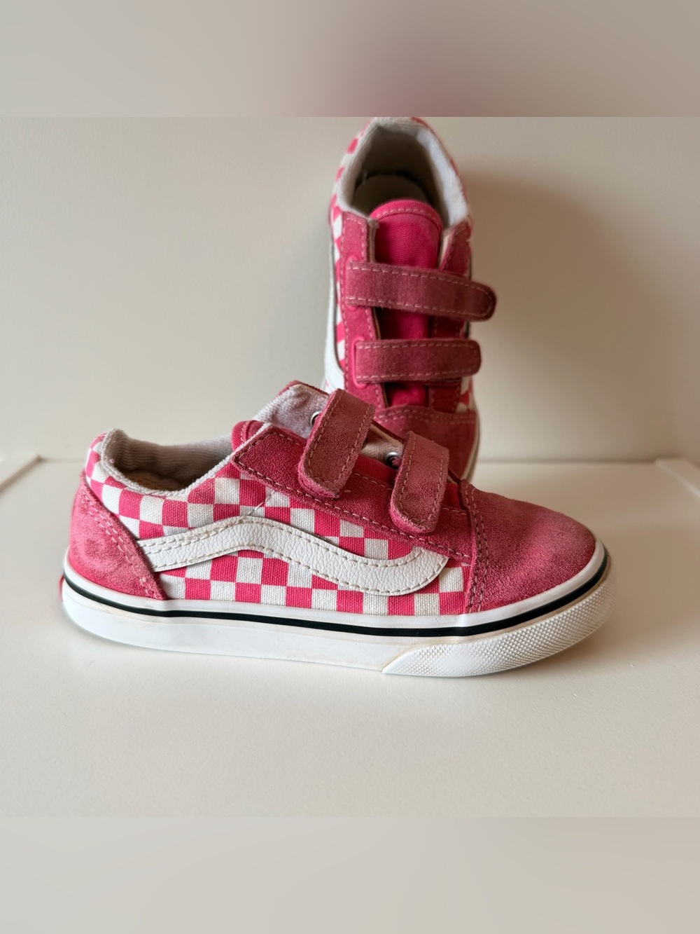 Vans Kids Pink Checkerboard Velcro Low-Top Sneakers Size 10C
